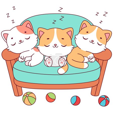 Illustration for Three adorable cats are sleeping on a sofa illustration, isolated on white background. Doodle cartoon style. - Royalty Free Image