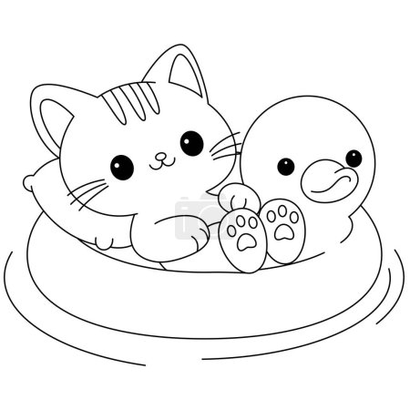The cute cat is lying on a duck float coloring page. Doodle cartoon style.