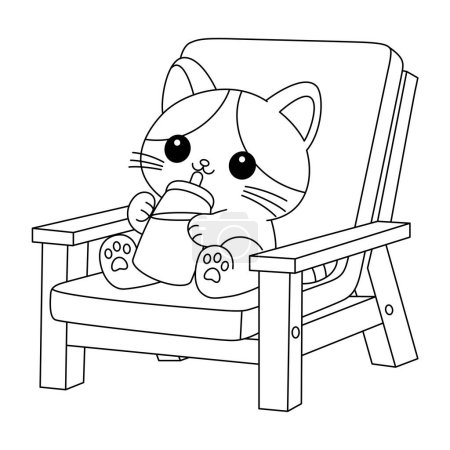 The cute cat is sitting on the chair and drinking milk colouring page