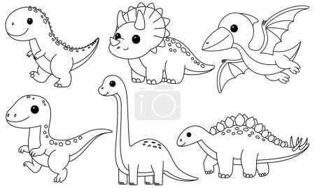 Ilustración de Conjunto de dinosaurios lindos para colorear página aislada sobre fondo blanco. Stegosaurus, Pteranodon, Brachiosaurus, Velociraptor, Tyrannosaurus, Triceratops - Imagen libre de derechos