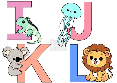 Illustration for English alphabet with cute animals in cartoon style for kids - Royalty Free Image