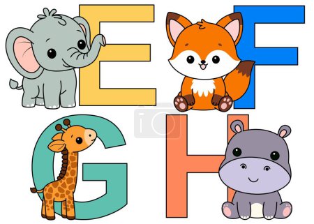 Alphabet anglais avec des animaux mignons dans le style de dessin animé pour enfants