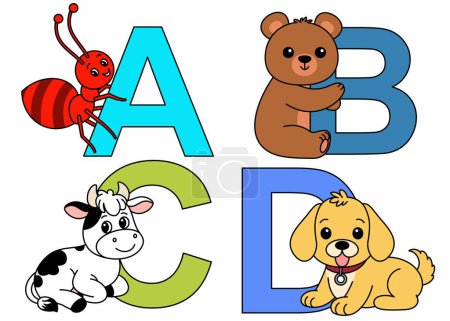Englisches Alphabet mit niedlichen Tieren im Cartoon-Stil für Kinder