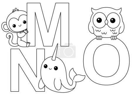 English alphabet with cute animals in cartoon style coloring page for kids