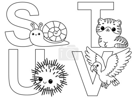 Illustration for English alphabet with cute animals in cartoon style coloring page for kids - Royalty Free Image
