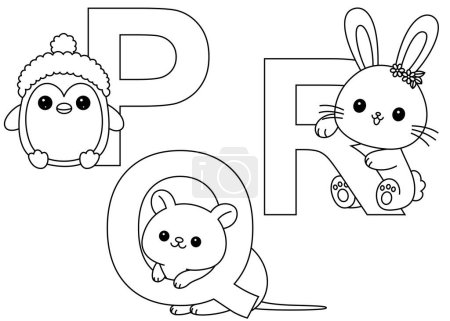 Englisches Alphabet mit niedlichen Tieren im Cartoon-Stil Malseite für Kinder