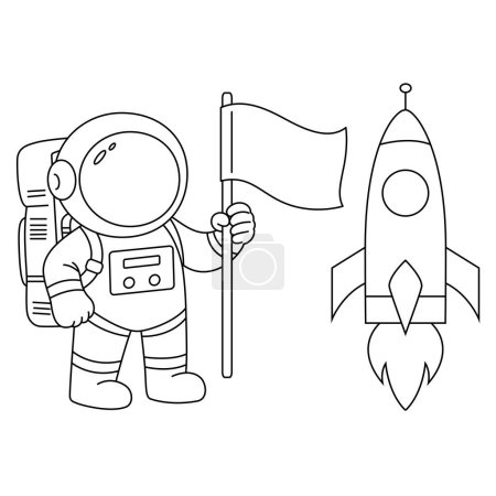 Raketenschiff Astronaut hält eine Malseite mit einer Flagge