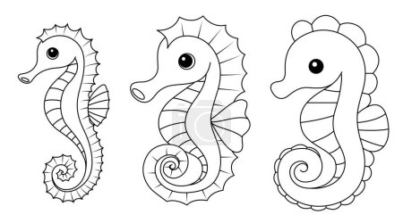 Set of cute seahorses coloring page for kids