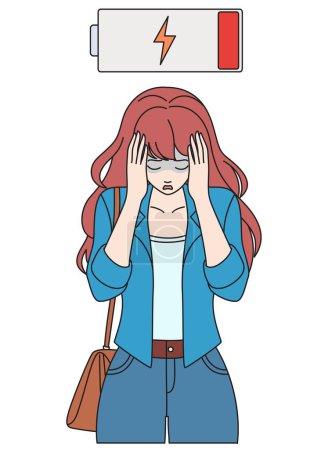 Low energy and tiredness concept. Young stressed tired woman standing raised her hands to hold her head, with low battery feeling down vector illustration