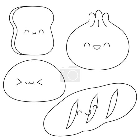 Set of Cute Mochi, Toast, Bread, Dumpling Cartoon Character Coloring Page Vector Illustration