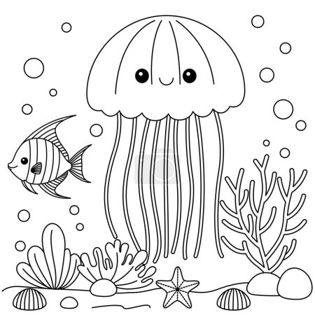 Ilustración de Lindo personaje de dibujos animados medusas Kawaii para colorear página Vector Ilustración - Imagen libre de derechos