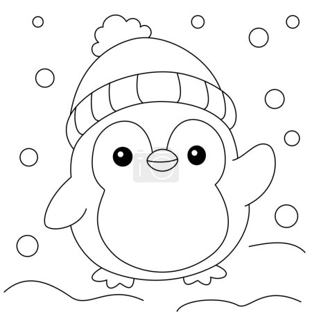Lindo personaje de dibujos animados pingüino Kawaii para colorear página Vector Ilustración