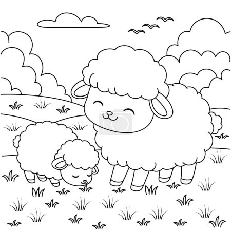 Illustration for Cute kawaii sheeps is grazing on the meadow cartoon character coloring page vector illustration - Royalty Free Image