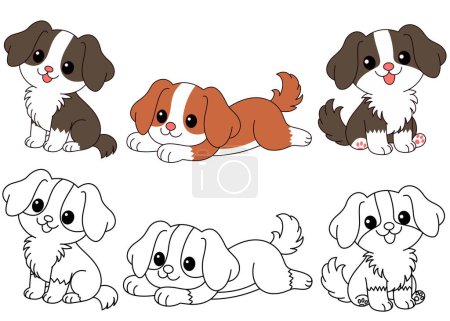 Lindo Kawaii conjunto de perro aislado en fondo blanco de dibujos animados personaje para colorear página Vector ilustración