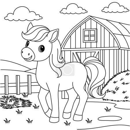 Illustration for Cute kawaii horse cartoon character coloring page on the farm background vector illustration - Royalty Free Image