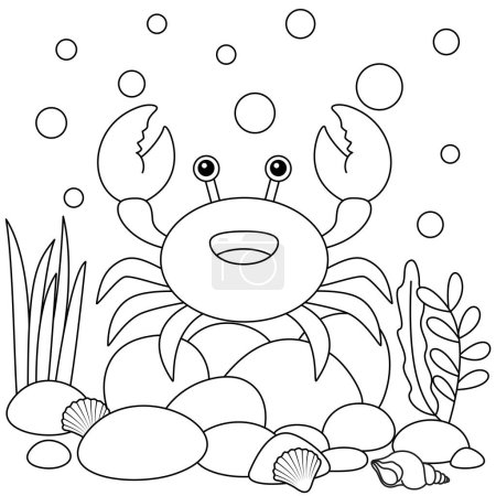 Cute kawaii crab cartoon character underwater background coloring page vector illustration