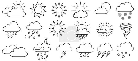 Vektor-Illustrationen Set von Symbolen Wettervorhersage Ausmalseite, Naturphänomene Symbole. Karikatur von Hand gezeichnet 