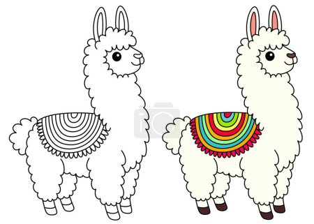 Cute kawaii llama cartoon character coloring page vector illustration