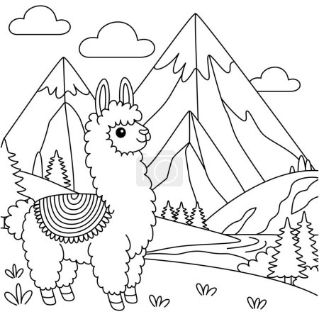 Téléchargez les illustrations : Mignon kawaii llama au milieu des sommets imposants et des collines ondulantes dessin animé personnage coloriage illustration vectorielle - en licence libre de droit