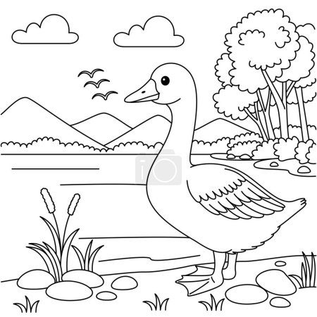 Illustration for Cute kawaii goose and river background cartoon character coloring page vector illustration - Royalty Free Image