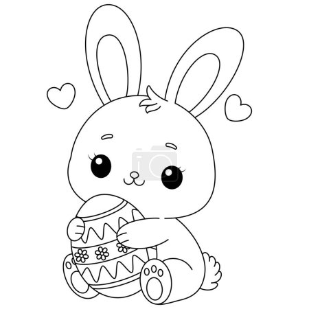 Cute kawaii bunny is hugging a decorated Easter egg cartoon character coloring page vector illustration for kids