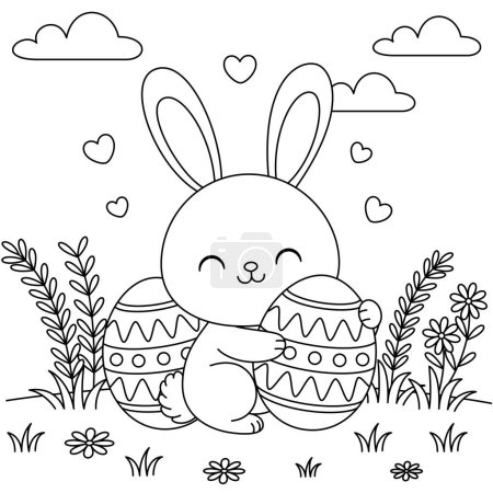 Illustration for Cute kawaii bunny is hugging a decorated Easter egg cartoon character on flower background coloring page vector illustration for kids - Royalty Free Image