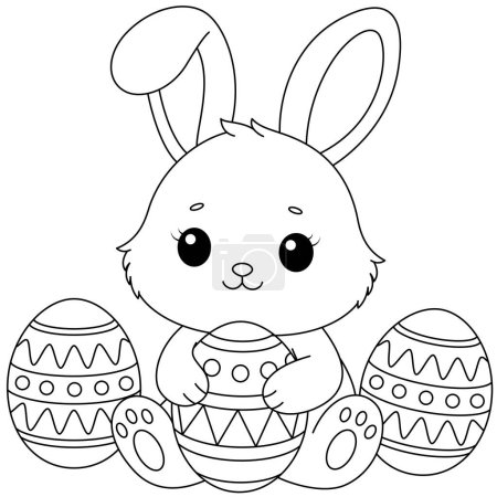 Illustration for Cute kawaii bunny is hugging a decorated Easter egg cartoon character coloring page vector illustration for kids - Royalty Free Image