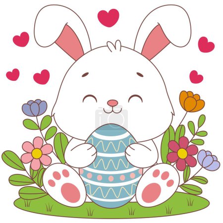 Illustration for Cute kawaii bunny is hugging a decorated Easter egg cartoon character on flower background vector illustration for kids - Royalty Free Image