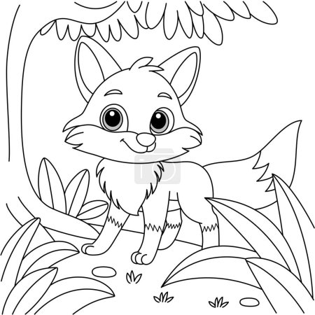 Cute kawaii fox cartoon character in the forest background coloring page vector illustration