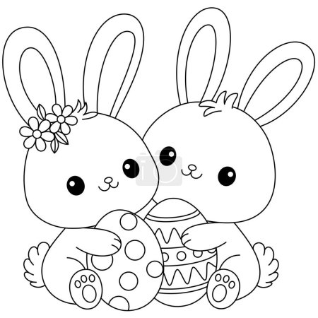 Illustration for Cute kawaii bunnies is hugging a decorated Easter egg cartoon character coloring page vector illustration for kids - Royalty Free Image