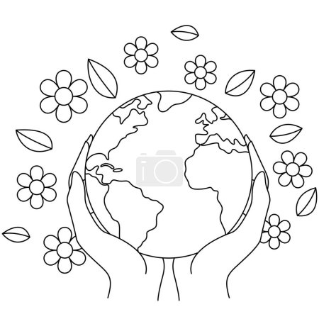Vektor schwarze und weiße Hände halten Erde mit Blumen. Earth Day Line Illustration mit niedlichen Planeten. Umweltfreundliches Symbol mit Globus.  