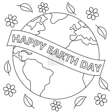 Cute Happy Earth Day coloring page, vector printable worksheets for preschool. 