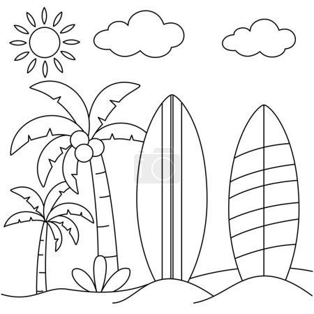 Ilustración de Linda página para colorear de verano de tabla de surf, hojas de trabajo imprimibles vectoriales para preescolar. - Imagen libre de derechos