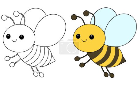 Cute kawaii cartoon character bee coloring page, vector printable worksheets for preschool. 