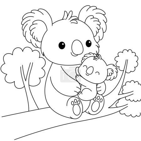 Lindo personaje de dibujos animados kawaii koala mamá y el bebé en la página para colorear árbol. Hojas de trabajo imprimibles vectoriales del día de la madre para preescolar. 