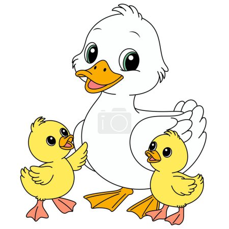 Niedliche Kawaii-Ente Familie Cartoon-Charakter Vektor Illustration, Muttertag Malseite für Kinder
