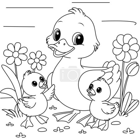 Niedliche Kawaii-Ente Familie Cartoon-Charakter Ausmalbilder Seite Vektor Illustration, Muttertag Ausmalseite für Kinder