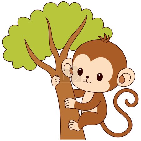 Mono kawaii lindo en la ilustración de vectores de personajes de dibujos animados de árbol