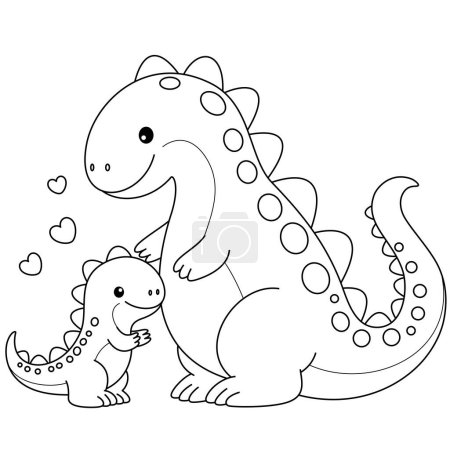 Cute kawaii cartoon character coloring page with Dinosaur mom and baby. Mother's Day vector printable worksheets for preschool. 
