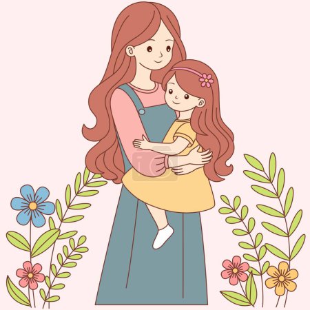 Niedliche kawaii Mutter Holding Tochter Zeichentrickfigur Vektor Illustration, Happy Mother 's Day Illustrationen 
