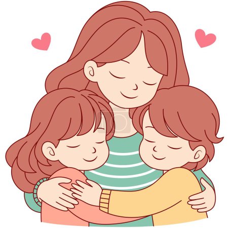 Niedliche kawaii Mutter Holding Tochter und Sohn Zeichentrickfigur Vektor Illustration, Happy Mother 's Day Illustrationen 