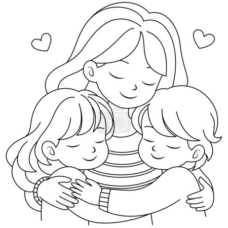 Niedliche kawaii Mutter Holding Tochter und Sohn Zeichentrickfigur Malvorlagen Vektor Illustration, Happy Mother 's Day Illustrationen 