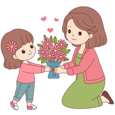 Mothers Day Child Giving Flowers for Mom Illustration