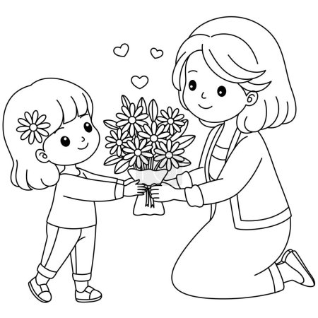 Téléchargez les illustrations : Fête des Mères Enfant donnant des fleurs pour maman Coloriage - en licence libre de droit