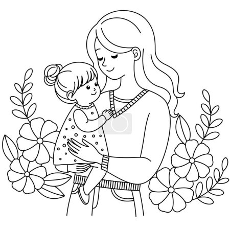 Téléchargez les photos : Mignon kawaii Mère tenant un enfant personnage de dessin animé coloriage illustration vectorielle, Heureuses illustrations de la fête des mères - en image libre de droit