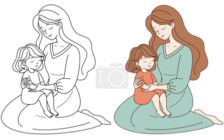 Nette kawaii Mutter hält ein Kind Zeichentrickfigur Malvorlagen Vektor Illustration, Happy Mother 's Day Illustrationen  