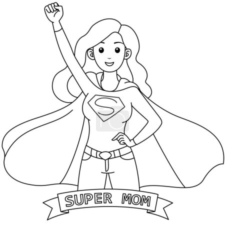 Illustration for Cute kawaii supermom Mothers Day cartoon character coloring page vector illustration - Royalty Free Image