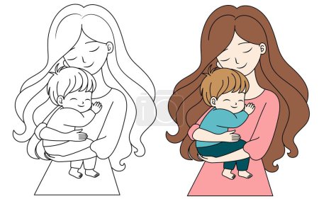 Nette kawaii Mutter hält ein Kind Zeichentrickfigur Malvorlagen Vektor Illustration, Happy Mother 's Day Illustrationen  
