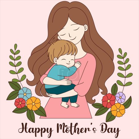Nette kawaii Mutter hält ein Kind Cartoon-Figur, Happy Mother 's Day Illustrationen mit den Worten Happy Mother Day darauf