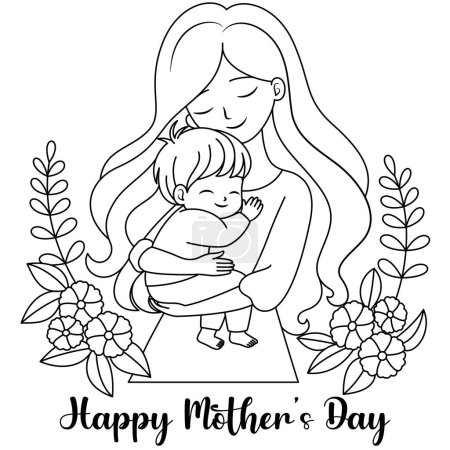 Cute kawaii Mother Holding a Child Cartoon Charakter Malvorlagen Vektor Illustration, Happy Mother 's Day Illustrationen mit den Worten Happy Mother Day darauf